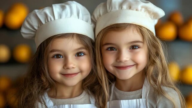 Two radiant young girls, dressed as aspiring pastry chefs in crisp white toques and aprons, sharing delightful, heartwarming grin