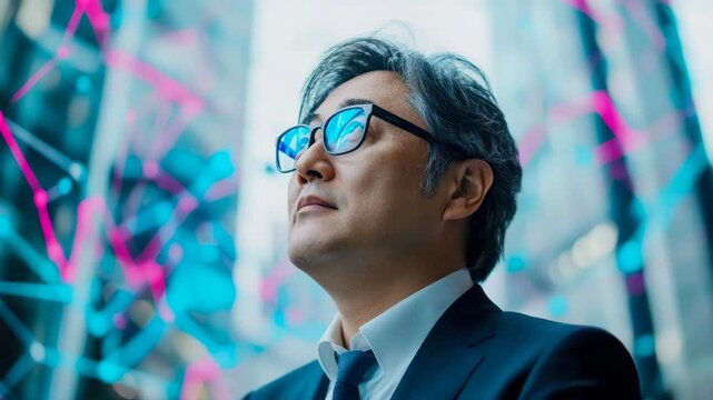 A thoughtful professional in eyewear gazing skyward, framed by ethereal network of radiant blue and magenta illuminations