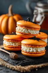 Delicious pumpkin-flavored macarons stacked on a dark slate serving board during autumn season