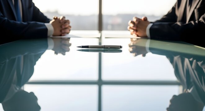 Two businessmen in suits negotiating contract with pen on table - Powered by Adobe