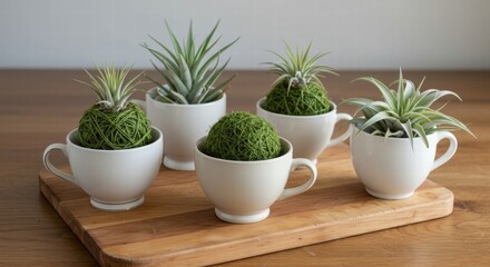 Obraz premium Air Plants in White Cups on Wooden Board, Creative Home Decor and Sustainable Design.