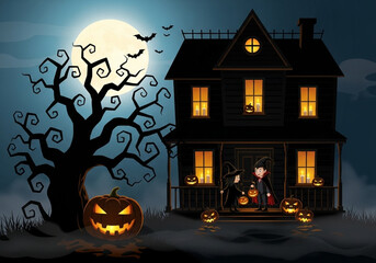 halloween background with pumpkin and house