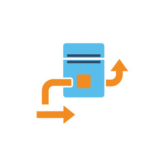 Iconic representation of data processing or server operations with input and multiple output flows, symbolizing data management and distribution.
