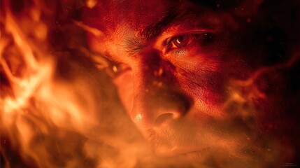   A close-up of a man's face with flames emanating from his mouth and eyes