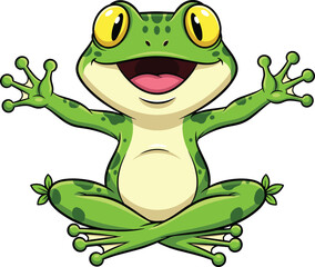 Cartoon green frog with yellow eyes, smiling face, raised arms, spotted body, vector illustration for kids, nature, education, design