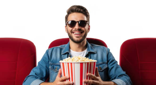 Excited man wearing sunglasses enjoys popcorn in a dark movie theater showing red seats