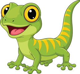 Cartoon green gecko with orange eyes, yellow stripes, smiling face, light belly, isolated vector illustration for kids, nature, design