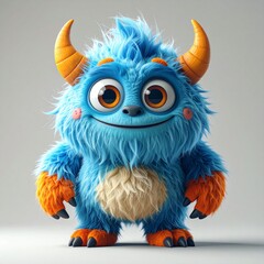 Fototapeta premium Cute fluffy blue monster with orange horns and a big friendly smile.
