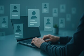 Laptop with floating holographic user profile icons representing identity management, online accounts and digital access
