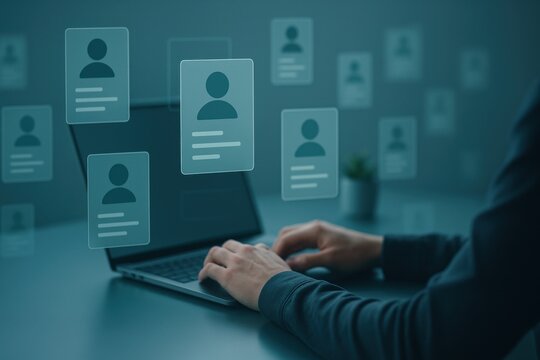 Laptop with floating holographic user profile icons representing identity management, online accounts and digital access
 - Powered by Adobe