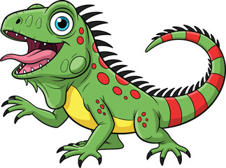 Cartoon green iguana with expressive face, red spots, dynamic pose, claws extended, isolated vector illustration for kids, nature, education
