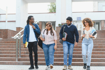 Fototapeta premium Diverse students walking down steps on university campus