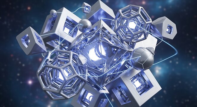 Abstract Geometric Structure with Glowing Orbs and Cosmic Background rendering