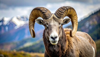 Obraz premium Majestic Bighorn Sheep with Grand Curved Horns in Mountain Landscape