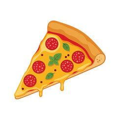 Illustration of a slice of pepperoni pizza with cheese and basil leaves.