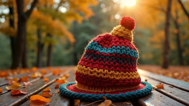 Cozy knitted hat on wooden surface surrounded by autumn leaves  