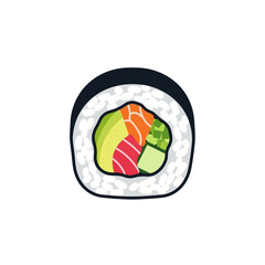 A colorful illustration of a single maki sushi roll with salmon, tuna, avocado, and cucumber fillings.