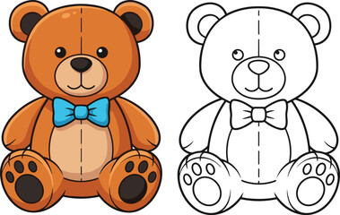 Cartoon teddy bear duo with brown color and outline version, sitting pose, blue bow tie, kids coloring activity illustration