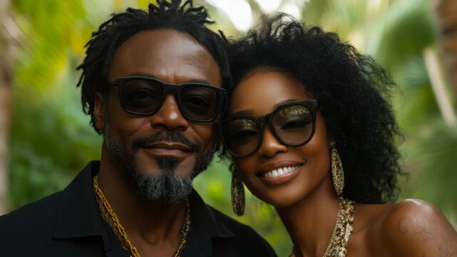 A joyful couple with radiant smiles and fashionable eyewear, adorned in gold, enjoying sunlit outdoor moment amidst lush greenery