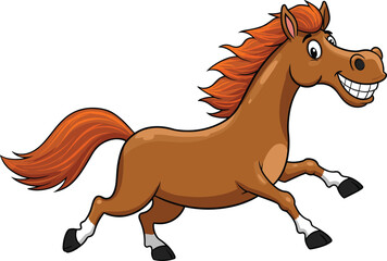 Cheerful cartoon horse galloping with orange mane, smiling face, white background, energetic motion, fun animal character for kids and design