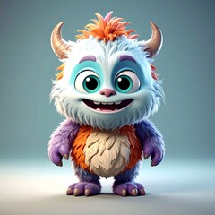 A cute and colorful furry monster character with big turquoise eyes, horns, and a happy smile.