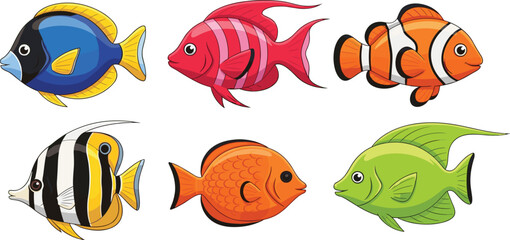 Colorful cartoon fish collection, six vibrant aquatic animals with unique patterns, isolated vector illustration for kids, education, decoration, design