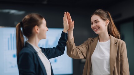 Two professional women in a modern office celebrate their success with a high-five. capturing the moment of connection, collaboration, and shared achievement.