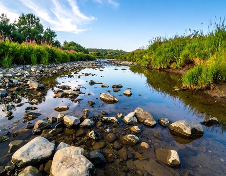 Calm riverbed with stones and reflections under a partly cloudy sky
