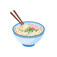 A vibrant illustration of a bowl of udon noodles with chopsticks, garnished with toppings.