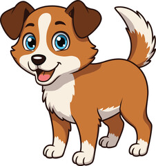 Happy cartoon puppy with blue eyes, brown and white fur, floppy ears, bushy tail, cheerful standing pose for kids design