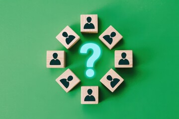 Human resource management and recruitment concept. Choosing the right candidate for a job, represented by a question mark surrounded by people icons