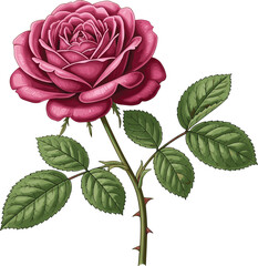 Realistic blooming rose with magenta petals, green stem, serrated leaves, thorns, botanical vector illustration for nature, education, design, decor