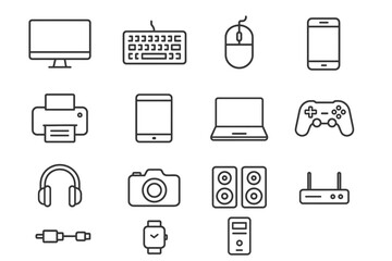 Electronic devices icon set featuring computer, smartphone, game controller, and more