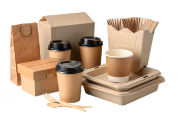 Collection of eco friendly disposable food packaging and cups isolated on transparent background