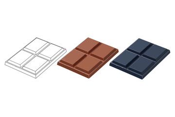 Vector art of three chocolate bar squares in different styles a line drawing, a brown one, and a dark blue one, all with a foursquare design
