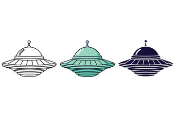 Vector art of three ufos in different styles a line drawing, a turquoise one, and a dark blue one, all with a classic flying saucer shape and a small dome on top