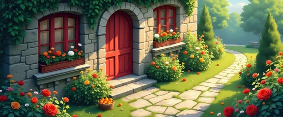 A painting of a garden with flowers and a red door.