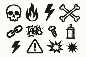 Vintage grunge icons: skull, flame, lightning bolt, crossbones, and more