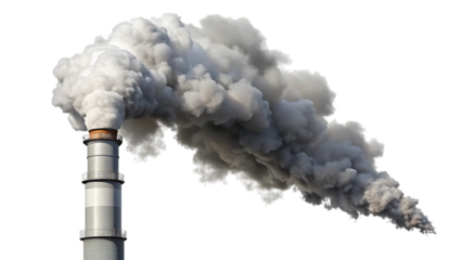 Industrial chimney with smoke isolated on transparent background, illustrating the impact of industry on air quality and environmental concerns