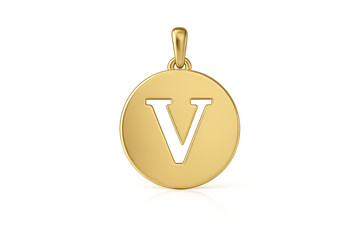 Fototapeta premium Luxurious gold circular pendant with letter V initial, isolated on transparent background