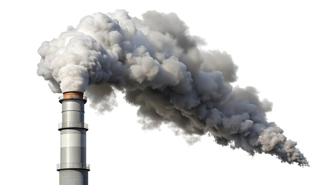 Industrial chimney with smoke isolated on transparent background, illustrating the impact of industry on air quality and environmental concerns