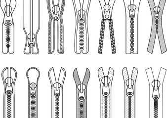 Zipper vector set, black and white fashion hardware illustration, various zipper styles, teeth and pull designs for garment construction