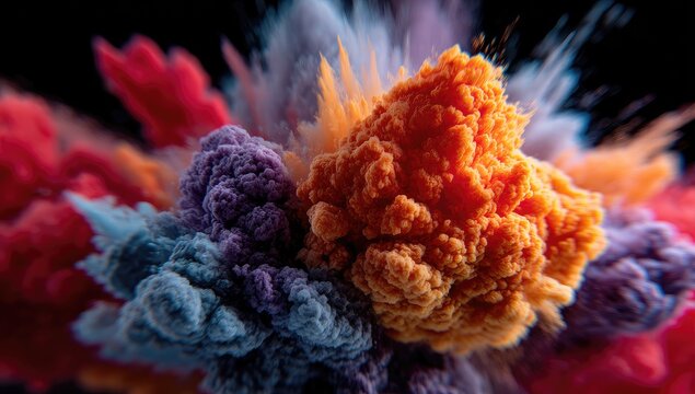 Colorful smoke plumes explosively blooming against black - Powered by Adobe