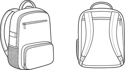 Backpack vector illustration, front and rear views, black and white travel bag sketch, zipper compartments, mesh pockets, padded straps, handle