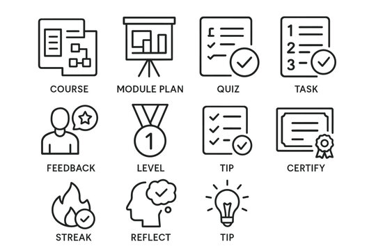 Educational icons set: course, module plan, quiz, task, feedback, level, certificate, tips
