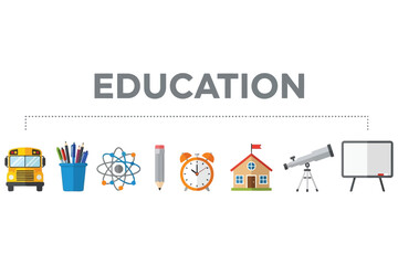 Vector art of education concept with school supplies and equipment school bus, pencil, atom, alarm clock, telescope, whiteboard, house vector illustration in flat style
