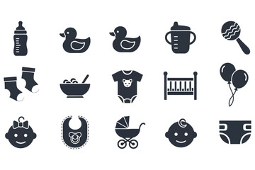 Vector art of illustration set of baby icons collection of baby related symbols such as bottle, duck, rattle, socks, bowl, clothes, crib, and carriage