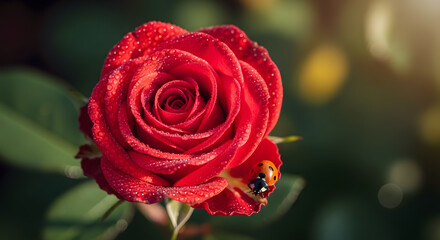 Radiant Red Rose Blossoms Gently With Ladybug and Morning Dew
