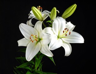 Delicate white lilies stand out against a dark background, showcasing their elegant petals and vibrant centers.
