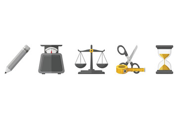 Vector art of collection of measuring tools, including a pencil, scales, a balance, scissors, a tape measure, and an hourglass, representing precision and time management